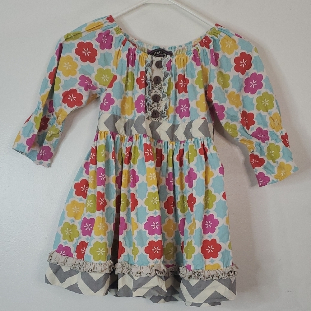 Mustard Pie Floral & Chevron Girls Dress • 100% Cotton • Size 6X